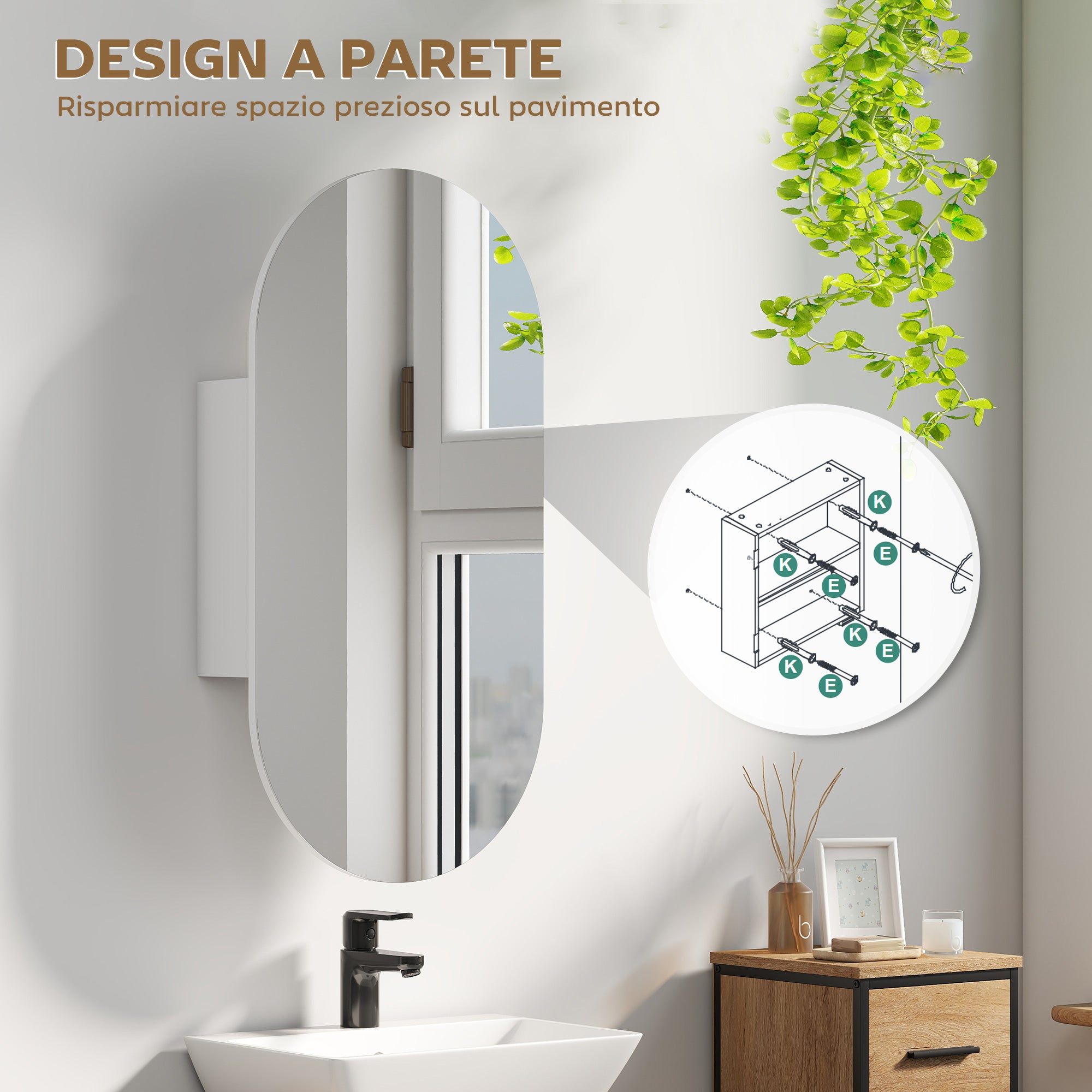 Modern Oval Bathroom Mirror with Cabinet and Two Shelves, 45x90 cm, White
