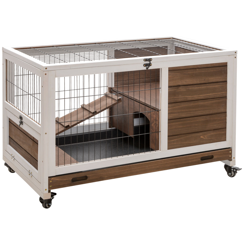 Wooden Rabbit Hutch with 4 Wheels, Rabbit House and Ramp, 90x53x59cm, Brown