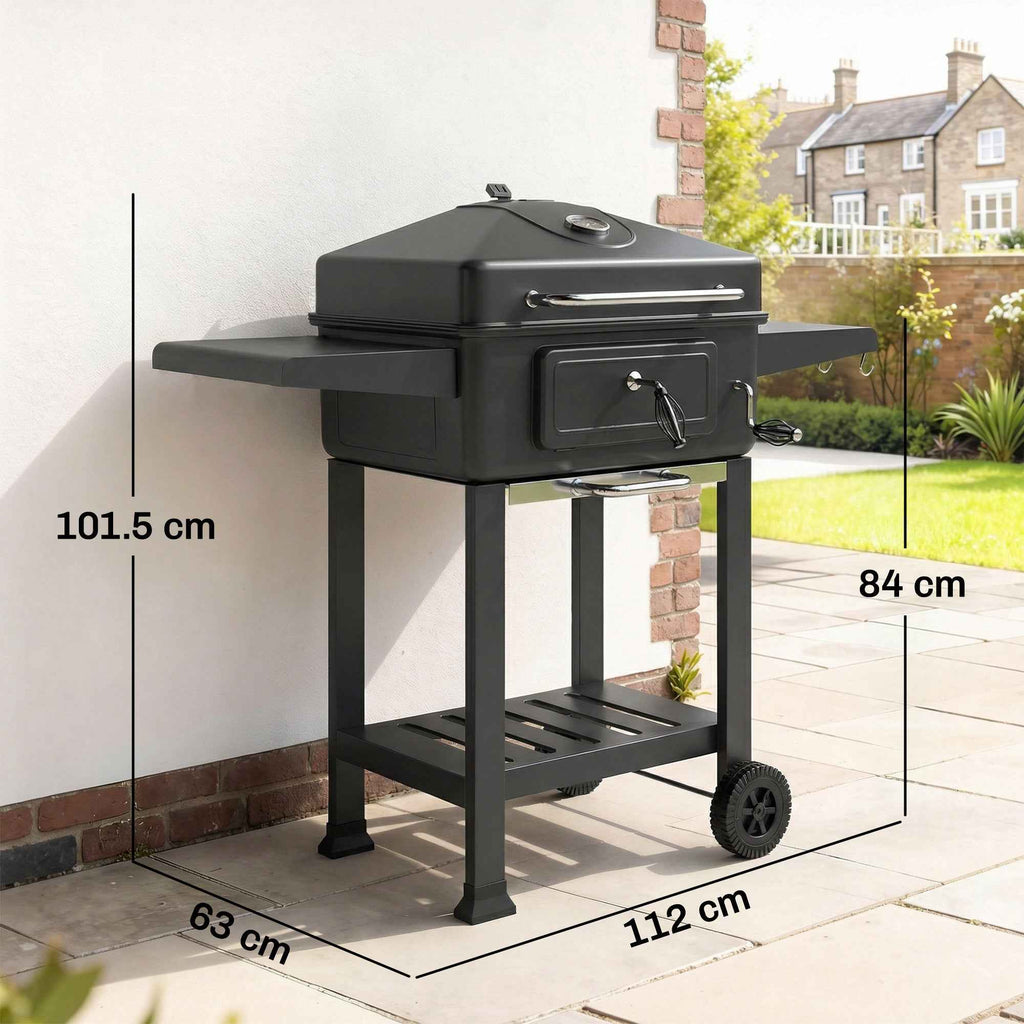 Outsunny Charcoal Barbecue, Portable Smoker with Ventilation, Thermometer and Side Shelves, Black