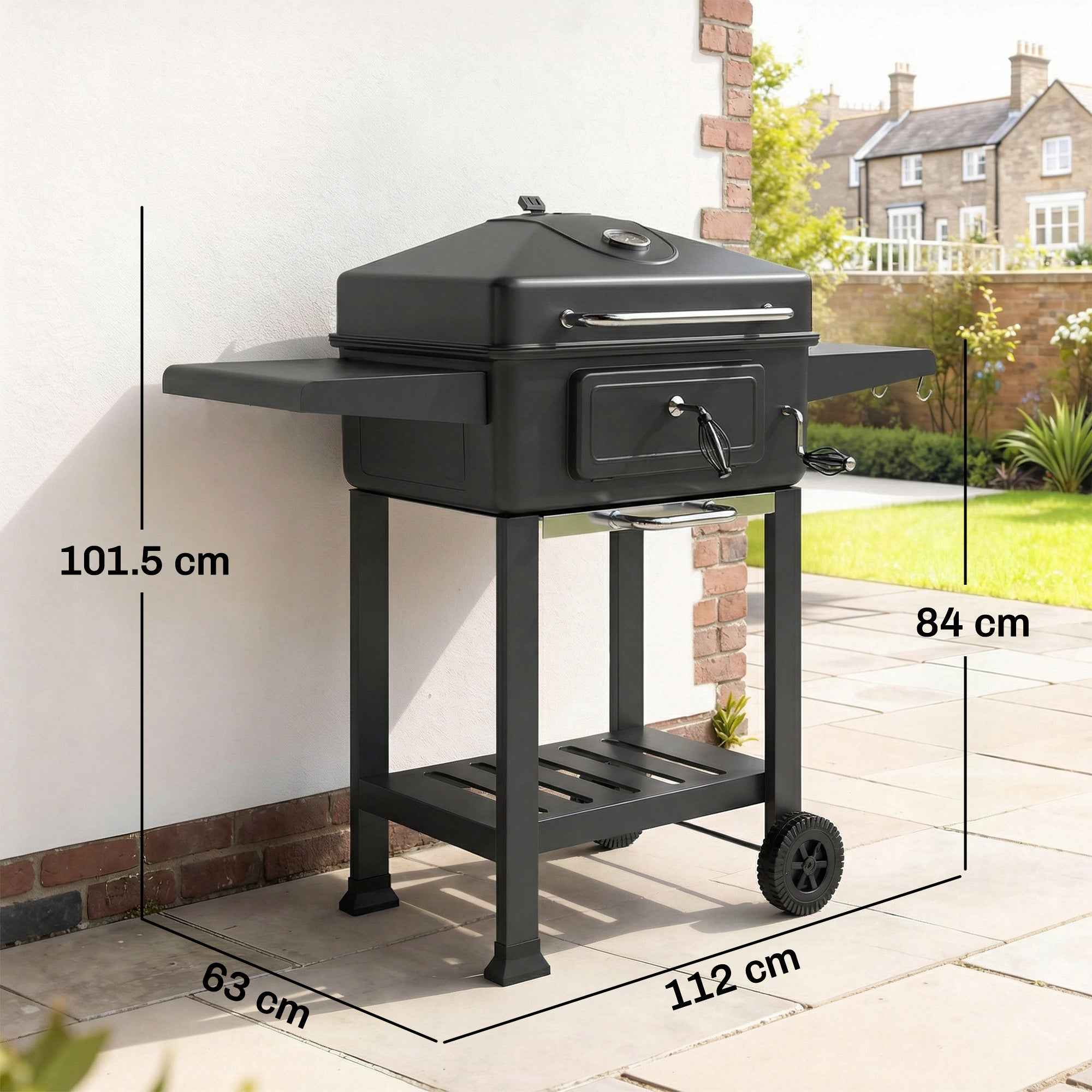 Outsunny Charcoal Barbecue, Portable Smoker with Ventilation, Thermometer and Side Shelves, Black