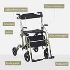 Folding Walker with Footrest and Bag, in Aluminum, PP and Polyester, 59x104x88-101 cm, Yellow and GreenFolding Walker with Footrest and Bag, in Aluminum, PP and Polyester, 59x104x88-101 cm, Yellow and Green