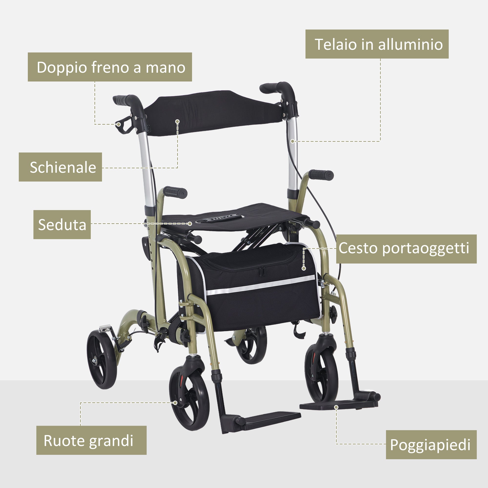 Folding Walker with Footrest and Bag, in Aluminum, PP and Polyester, 59x104x88-101 cm, Yellow and GreenFolding Walker with Footrest and Bag, in Aluminum, PP and Polyester, 59x104x88-101 cm, Yellow and Green