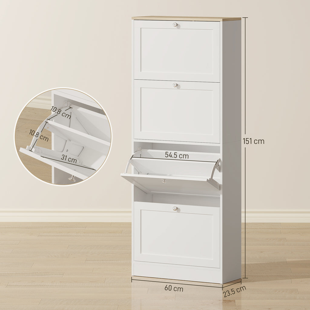 HOMCOM Space-Saving 4-Drawer Shoe Rack with 2-Tier Adjustable Shelves, 60x23.5x153.3 cm, White