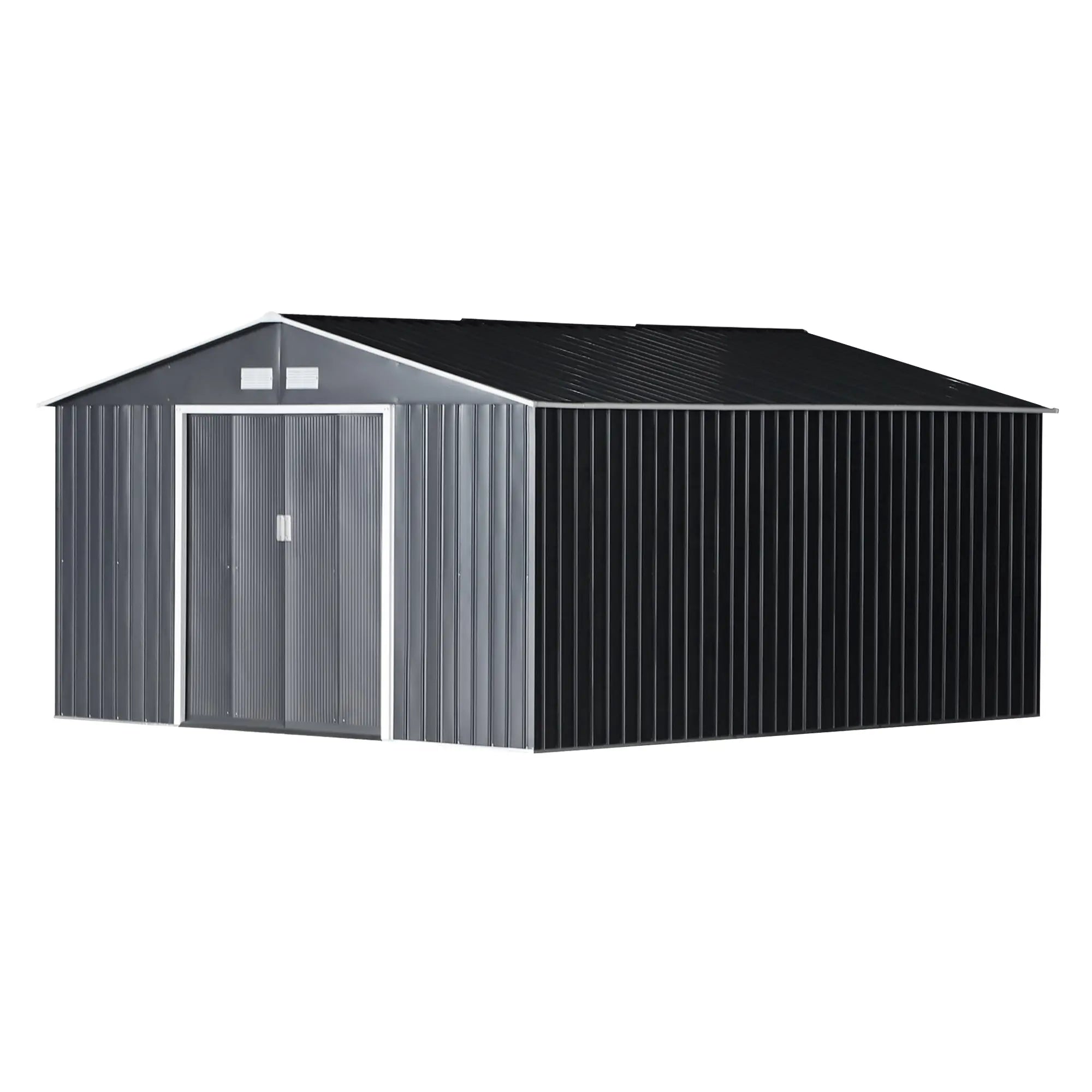 Garden Shed 12.4m² with 4 Vents and 2 Sliding Doors, Steel Sheet Tool Shed, 340x386x200 cm, Black