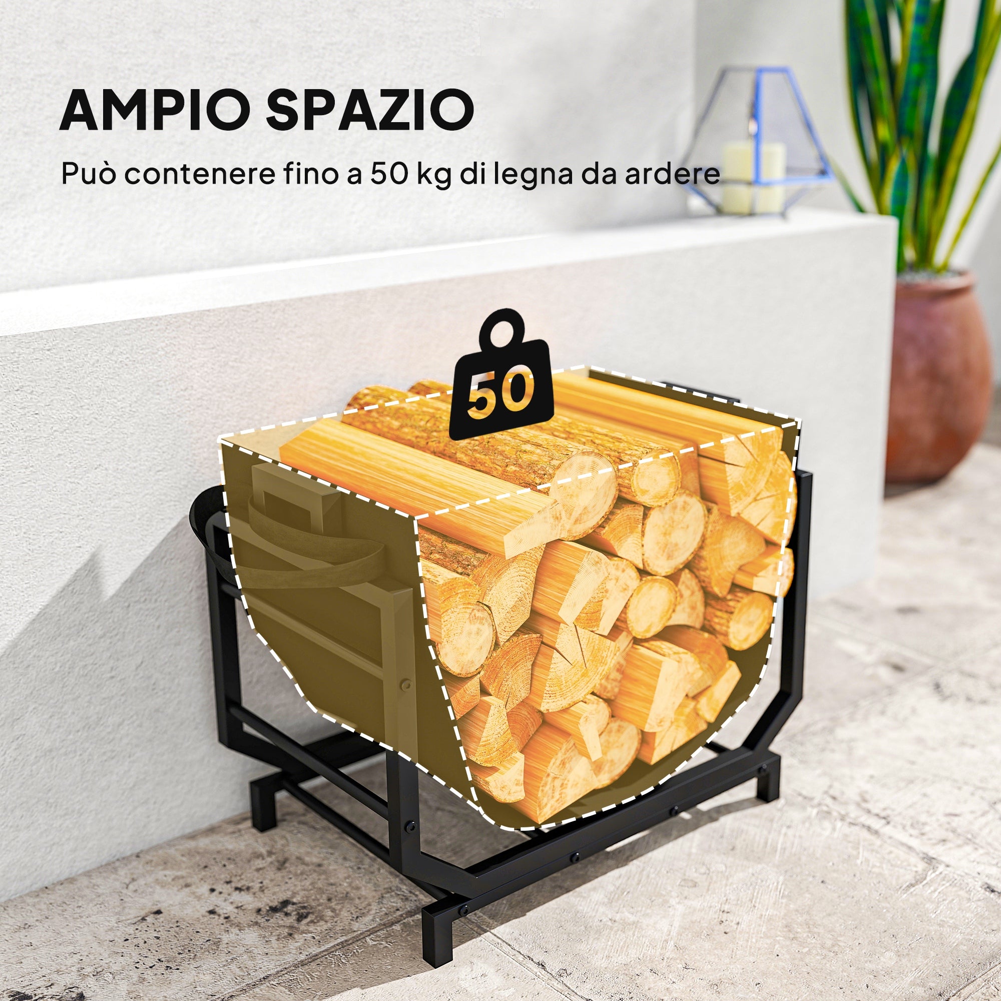 Metal Firewood Rack with Removable Oxford Fabric Carrying Bag, 53x33x43 cm, Black