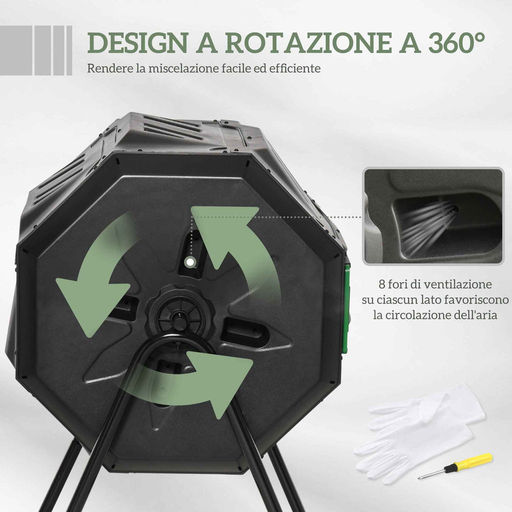 Outsunny 2-Section Rotating Garden Composter with 8 Air Vents, Steel and PP, 71x65x96 cm, Black