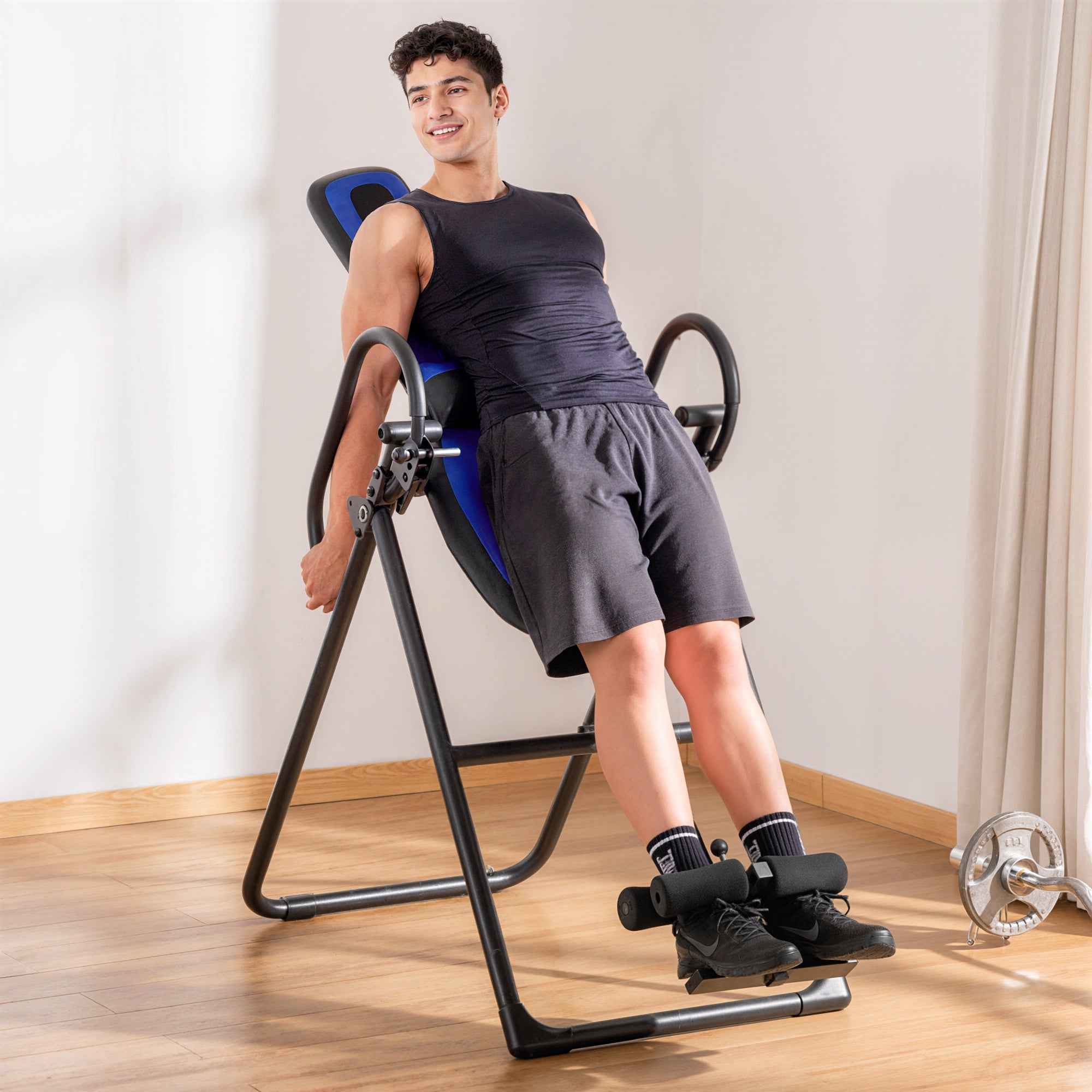 HOMCOM Folding Gravity Inversion Table with Adjustable Length (140-203cm) and Wheels, Black and Blue