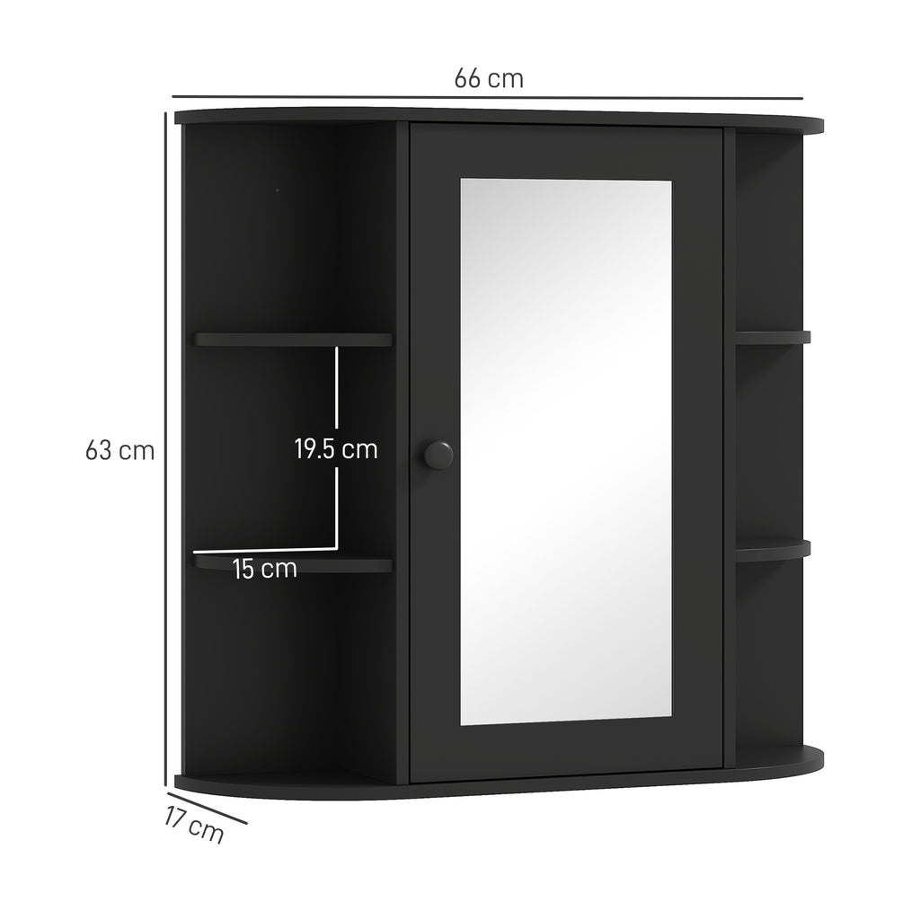 Bathroom Mirror with 6 Open and 2 Closed Shelves, Wood and Glass, 66x17x63 cm, Black
