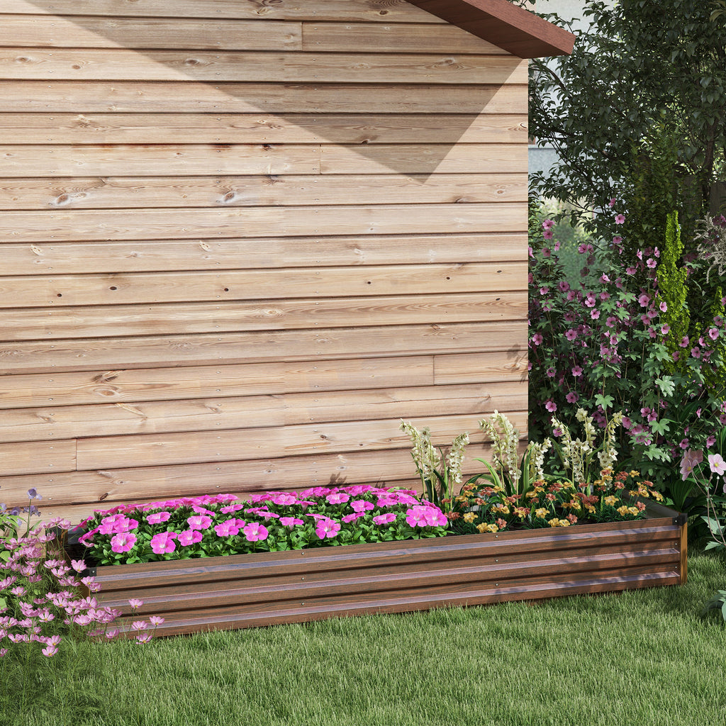 Outsunny 405L Open Bottom Metal Raised Planter, 240x60x30cm, Dark Wood Color