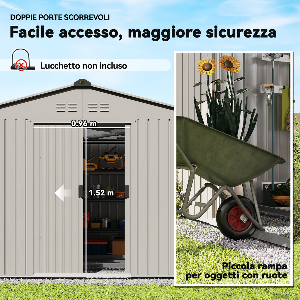 Outsunny Metal Garden Shed with Air Vents and Double Sliding Door, 277x195x192 cm, Silver