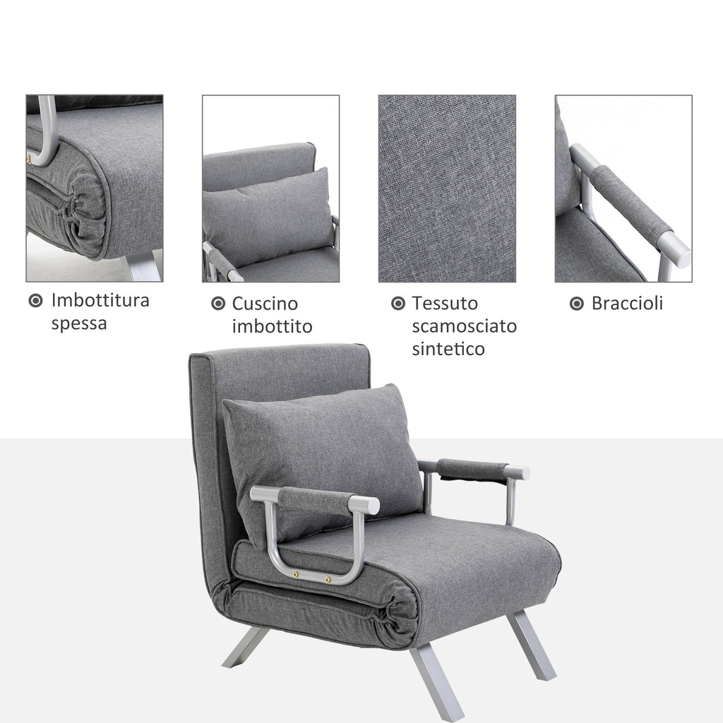 HOMCOM Single Armchair Bed with 5-Level Adjustable Backrest and Fabric Cushion, Light Gray - Borgè