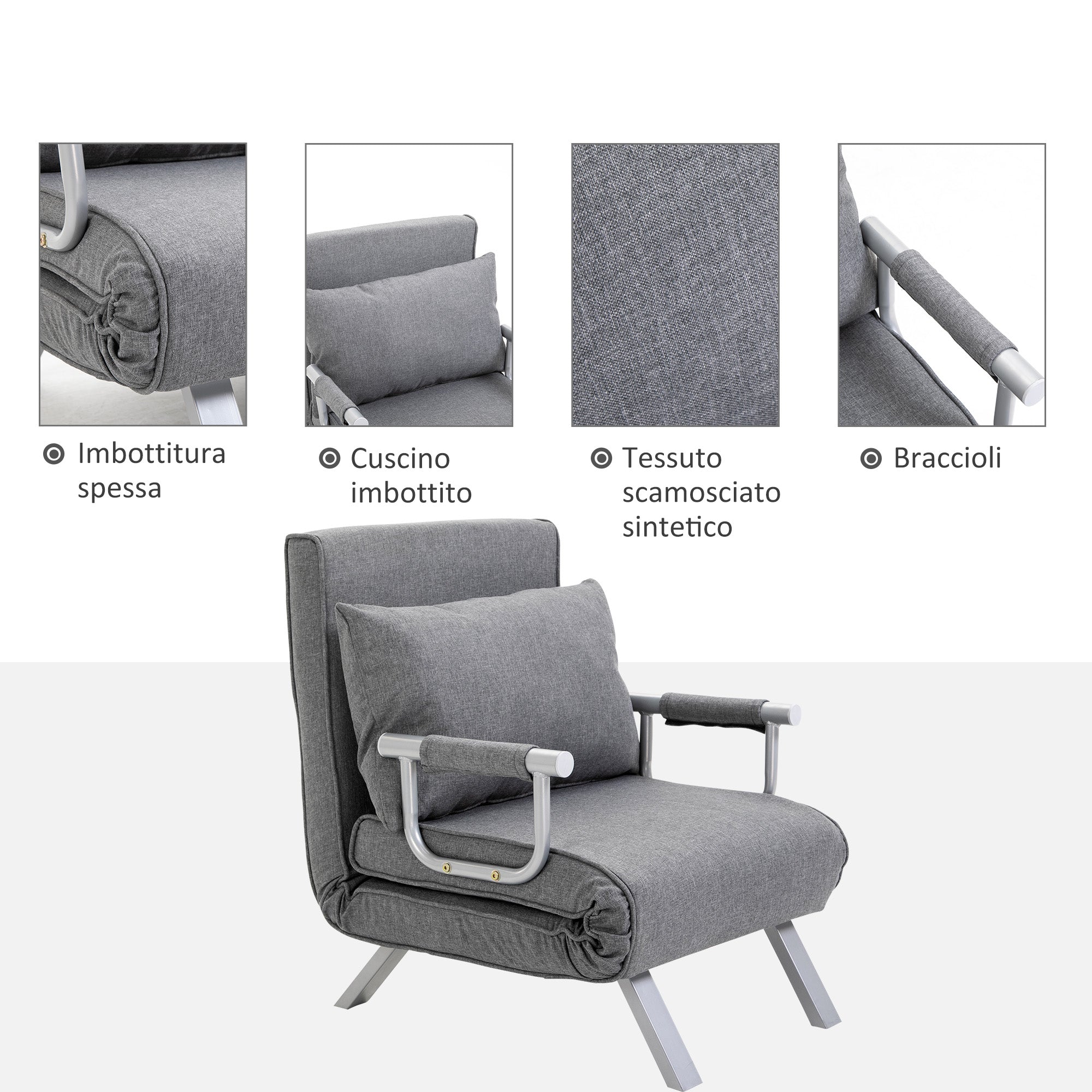 HOMCOM Single Armchair Bed with 5-Level Adjustable Backrest and Fabric Cushion, Light Gray - Borgè