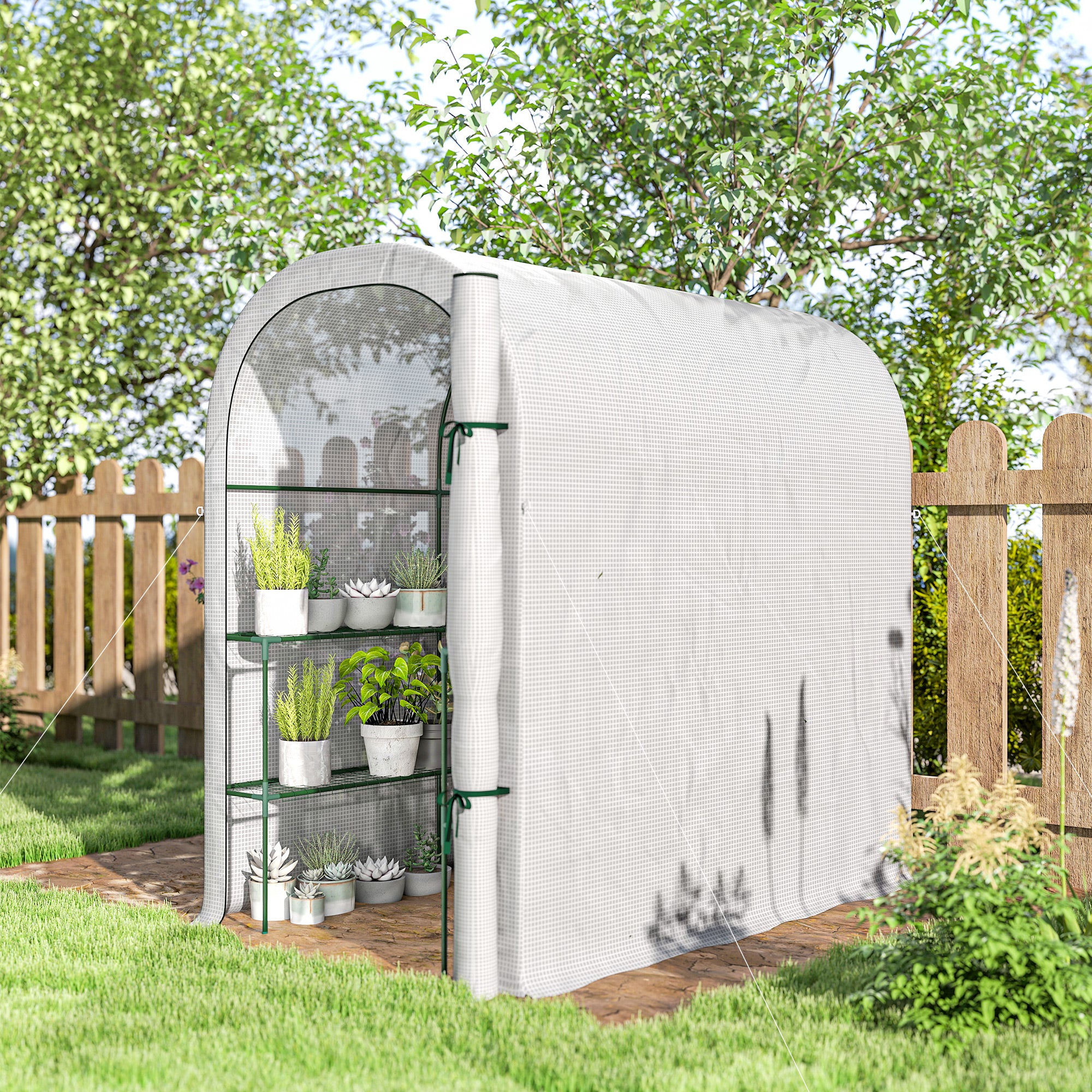 Outsunny Garden Greenhouse with 2-Tier Shelves and Roll-Up Door, Steel and PE, 123x187x189 cm, White