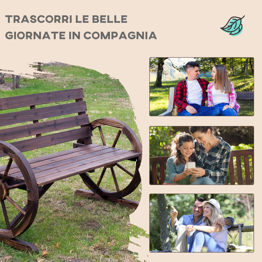 2-Seater Outdoor Bench, Country Style Garden Bench with Wooden Wheel Armrests, 105.5x59x75cm Brown