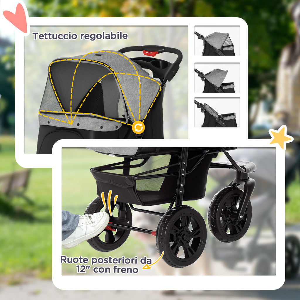2-in-1 Folding 3-Wheel Dog Stroller with Brake, Storage Basket and Bottle Holder, Steel and Oxford, Grey and Black, 109.5x57.5x106.5cm
