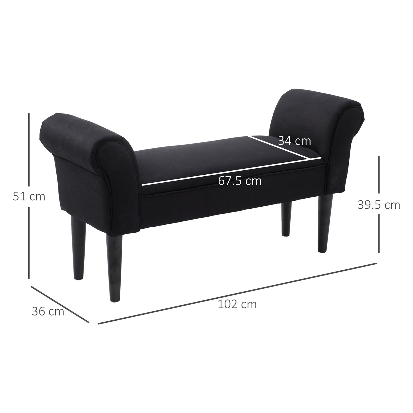 Ottoman Padded Bed Bench with Rolled Armrests, 102x35x51cm, Black - Borgè