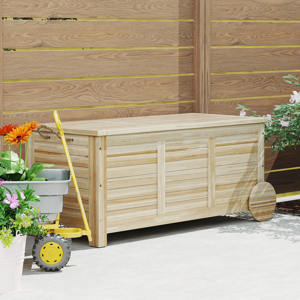 Outdoor Trunk 185L with 2 Wheels with Inner Tarpaulin and Lid, in Fir Wood, 110x50x50 cm, Wood Color