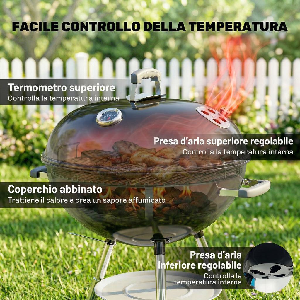Outsunny Charcoal Barbecue with Round Outdoor Grill, Lid, Thermometer and Wheels, Black