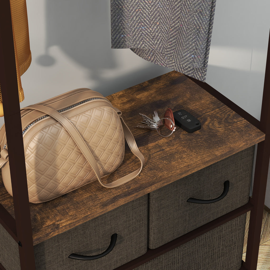 HOMCOM Floor Coat Hanger with Rod, 3 Drawers and Shelves, in MDF Wood and Steel, 58.5x30x178 cm, Brown - Borgè