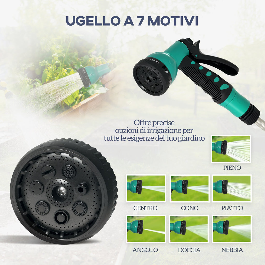 Outsunny Retractable Garden Hose Reel with 25+2m Water Hose and 7 Nozzles for Irrigation, Green and Light Grey