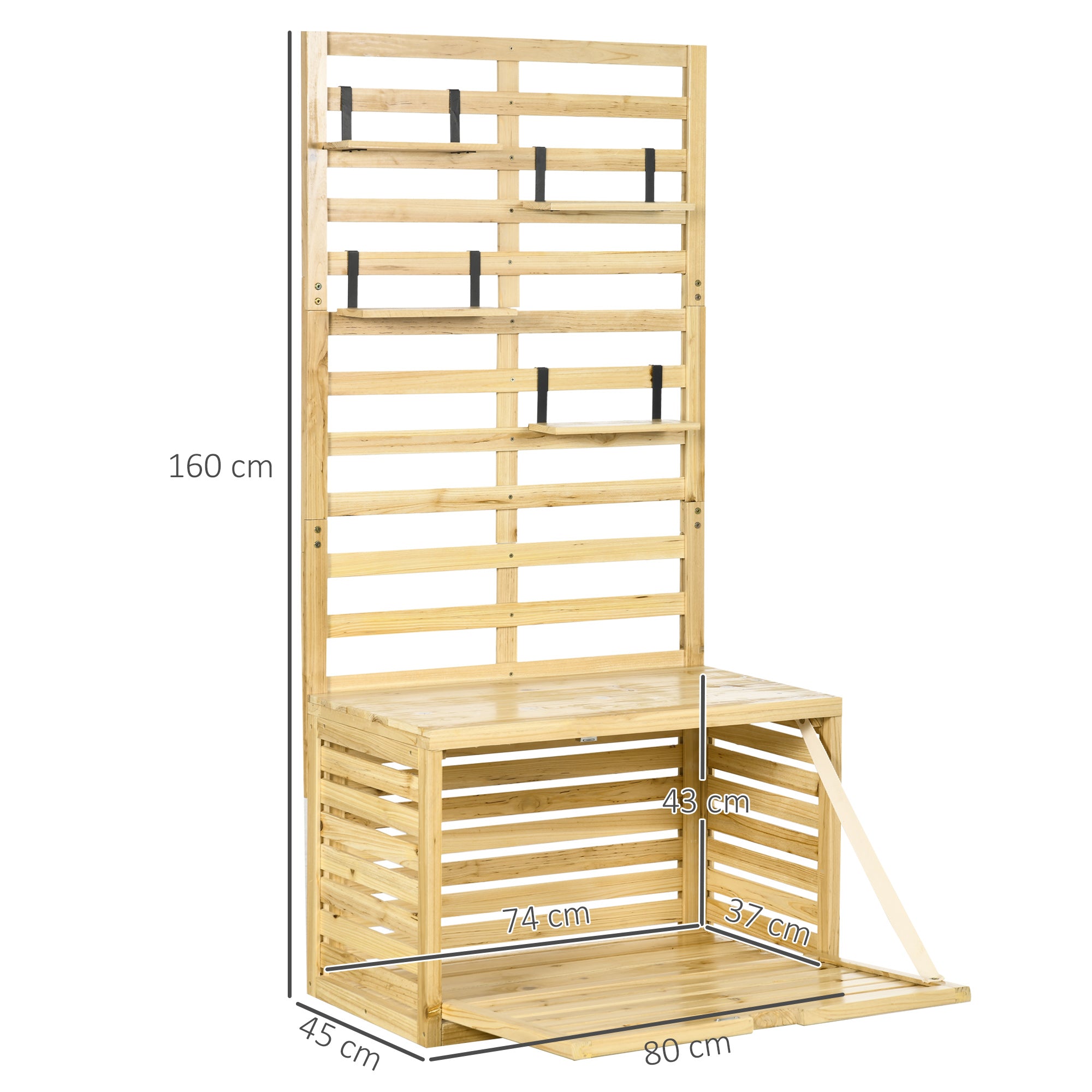 Outsunny Garden Storage Bench with Trellis and 4 Wooden Shelves with Magnetic Closure, 80x45x160 cm