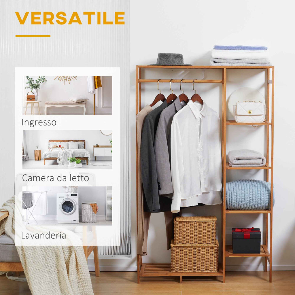 HOMCOM Bamboo Coat Rack with 6-Tier Shelf and Coat Hook, 90x30x145 cm, Natural Wood