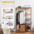 HOMCOM Bamboo Coat Rack with 6-Tier Shelf and Coat Hook, 90x30x145 cm, Natural Wood