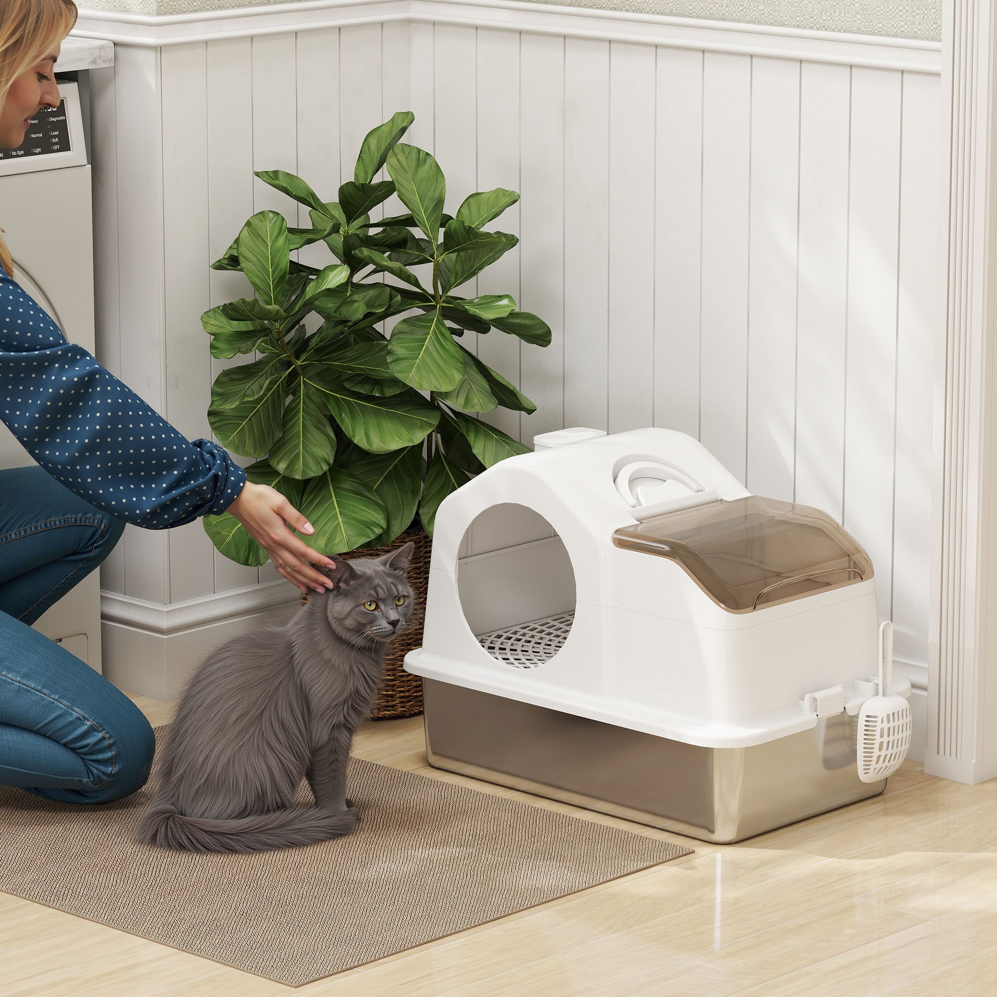 Enclosed Cat Litter Box with 2 Mats, Stainless Steel, ABS and PP, 60.5x40.5x42 cm, White and Silver