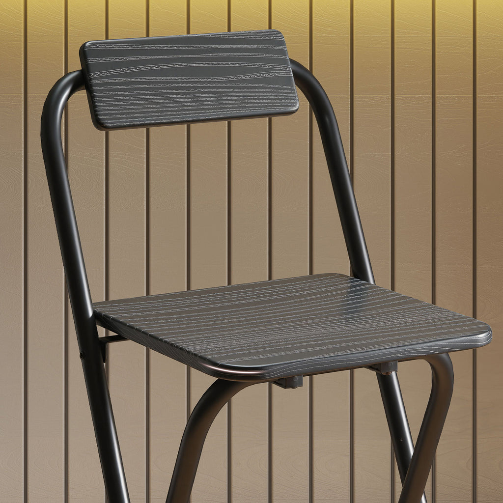 Set of 2 Folding Bar Stools with Footrest, Wood and Steel, 37x45x87 cm, Black