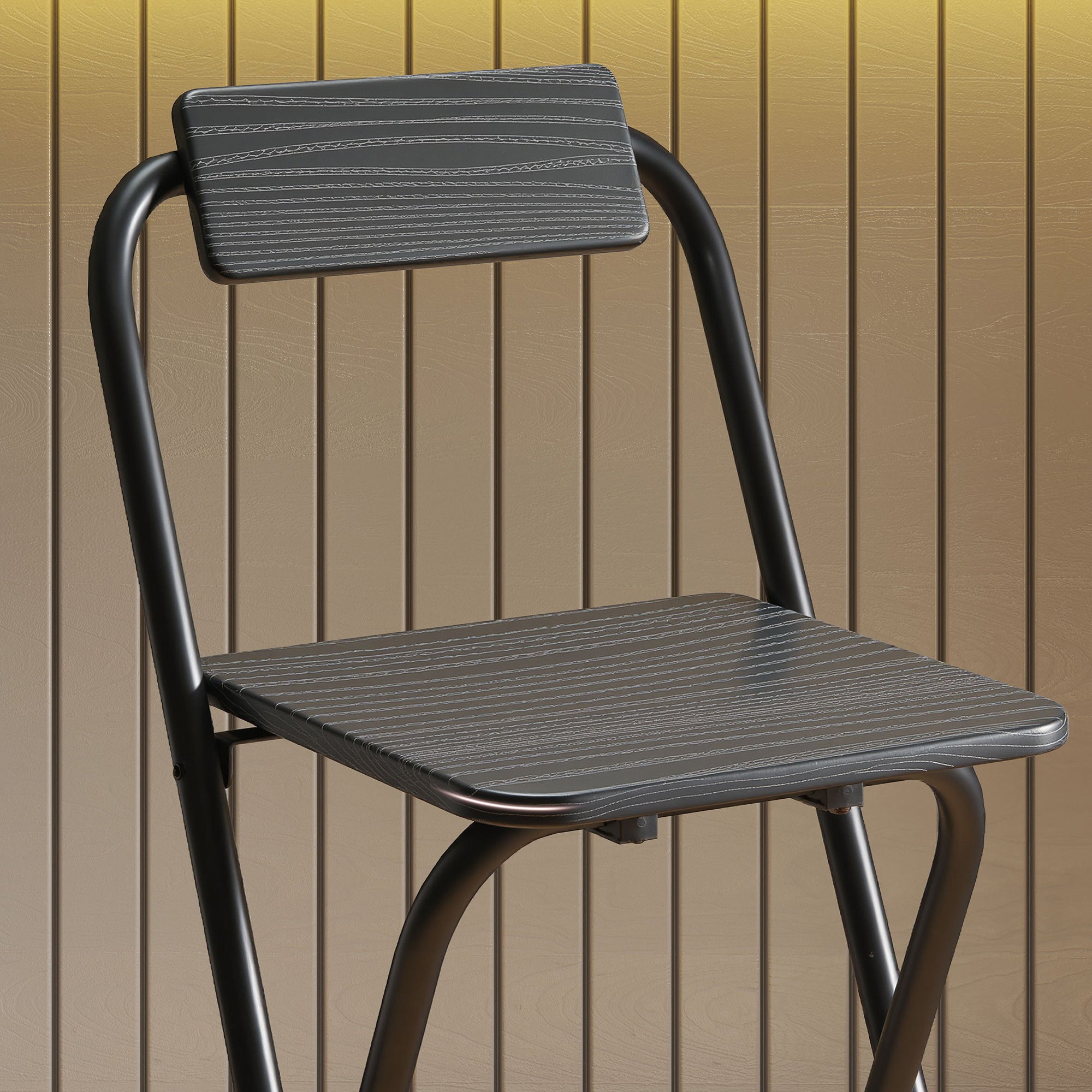 Set of 2 Folding Bar Stools with Footrest, Wood and Steel, 37x45x87 cm, Black