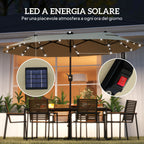 Double Parasol with LED Lights and Cross Base, in Polyester and Steel, 295x150x219 cm, Cream White