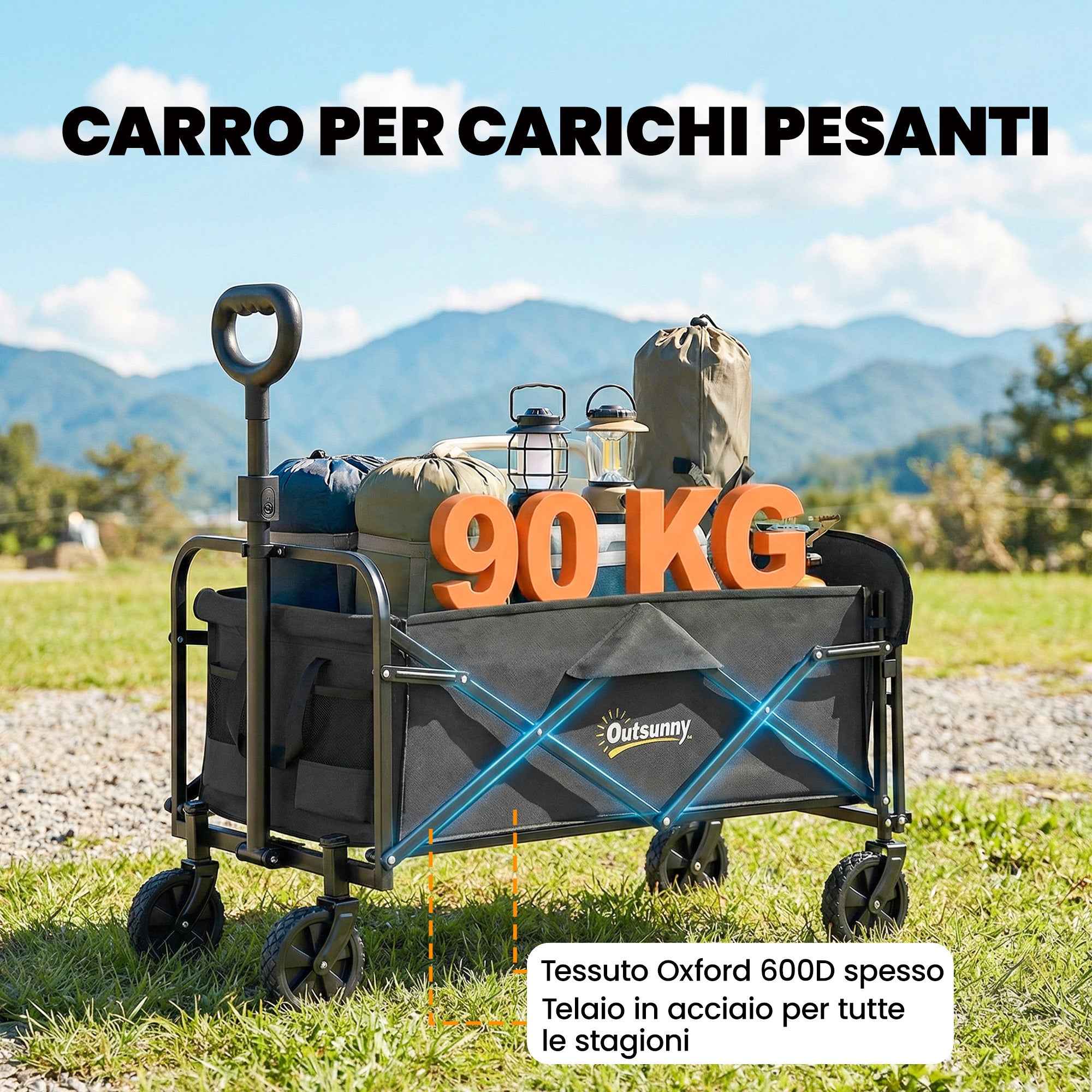 Outsunny 72L Folding Garden Cart with Adjustable Handle, Steel and Oxford Fabric, 114x46x92 cm, Black