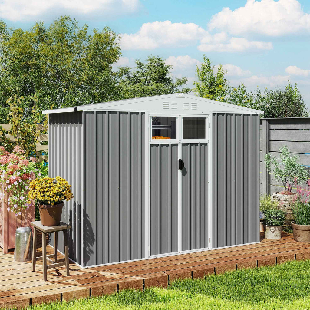 Outsunny Galvanized Steel Garden Storage Shed with 2 Doors, 246x117x180 cm, Light Grey