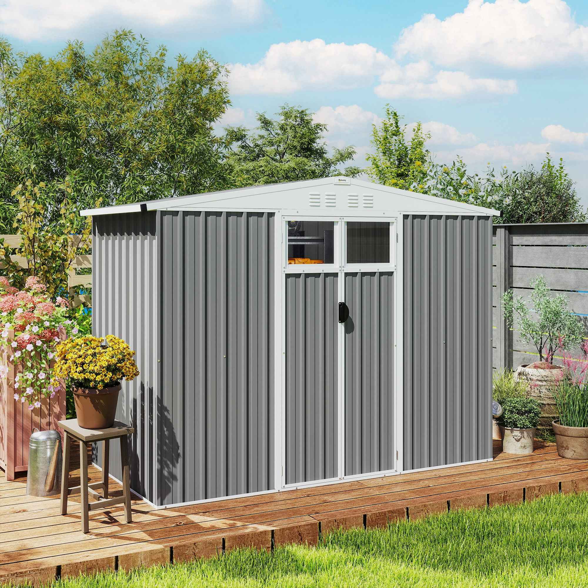Outsunny Galvanized Steel Garden Storage Shed with 2 Doors, 246x117x180 cm, Light Grey