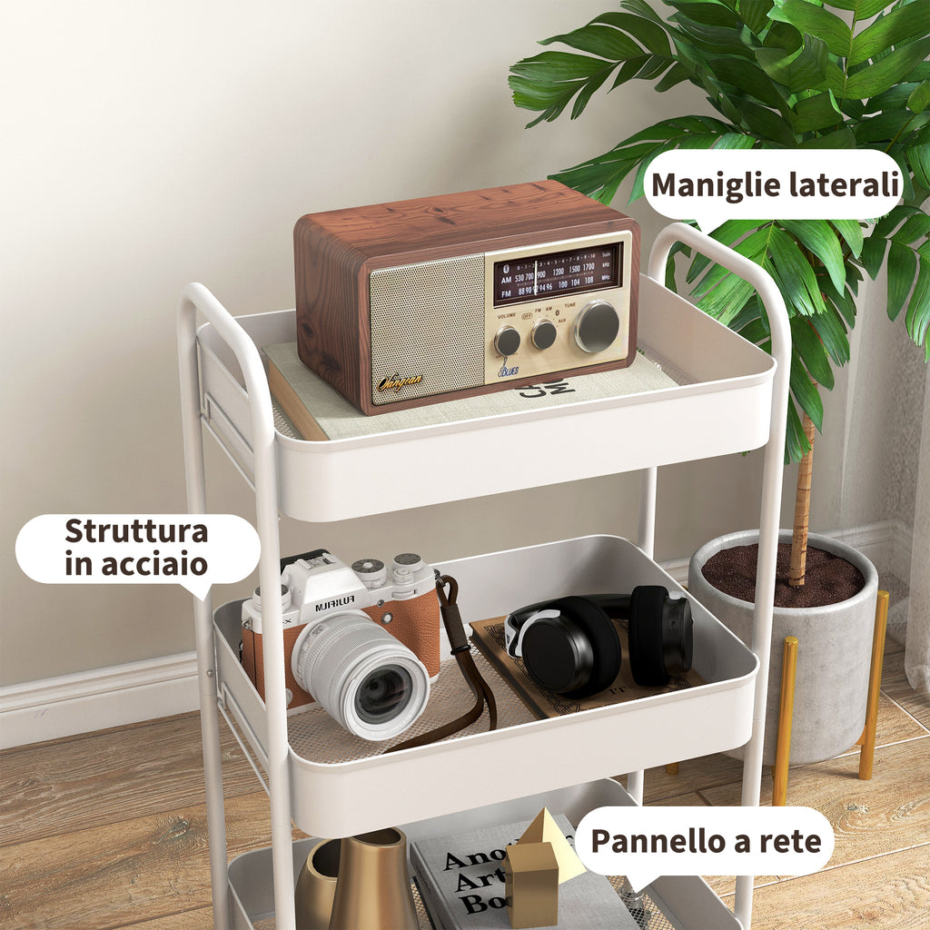 HOMCOM 3-Tier Kitchen Trolley with Handles and 4 Wheels, Steel, 45x30.6x79 cm, White - Borgè
