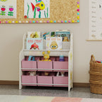Toy Storage Shelf with 6 Fabric Drawers and 2-Tier Bookcase, Wood and Steel, 63x30x71 cm, Pink