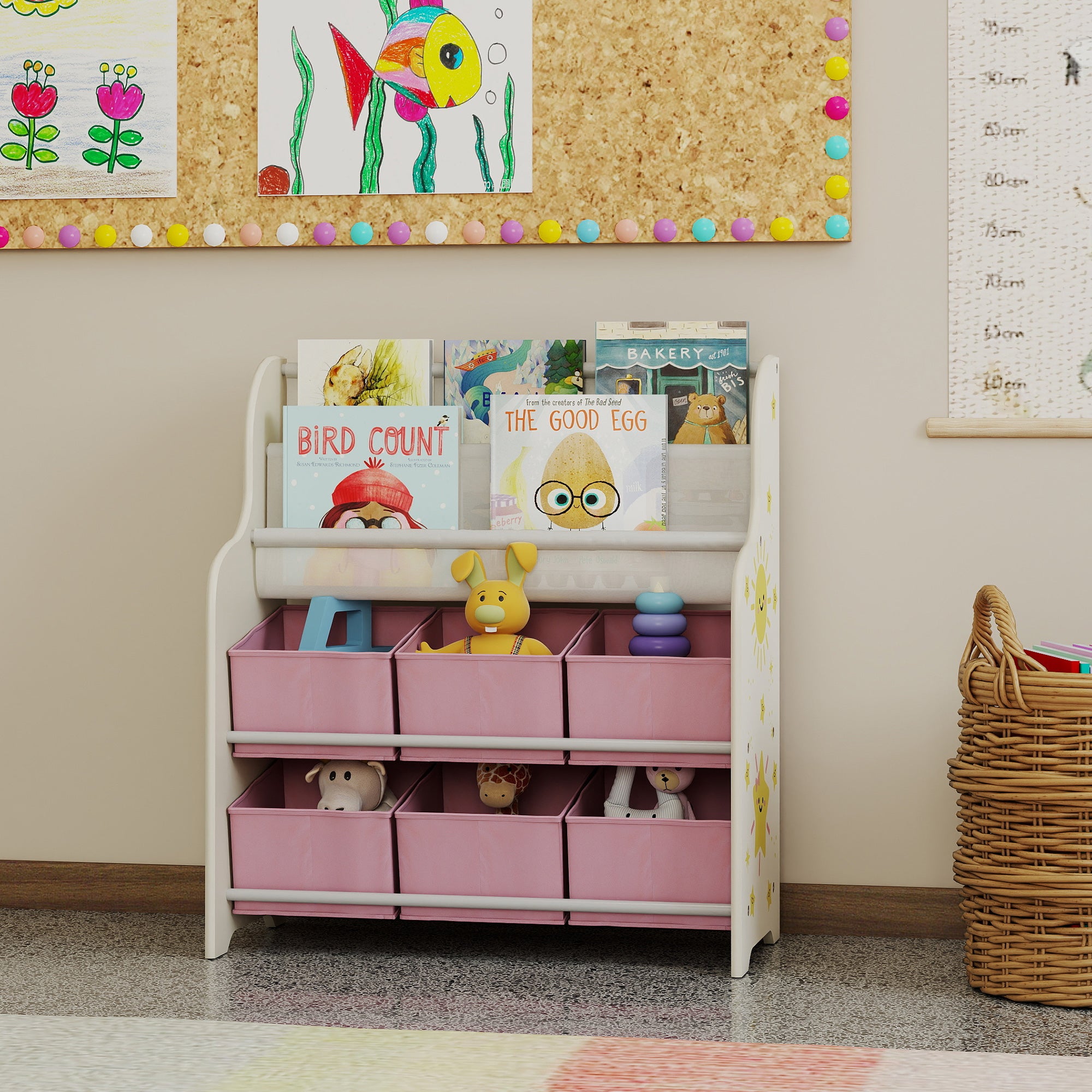 Toy Storage Shelf with 6 Fabric Drawers and 2-Tier Bookcase, Wood and Steel, 63x30x71 cm, Pink