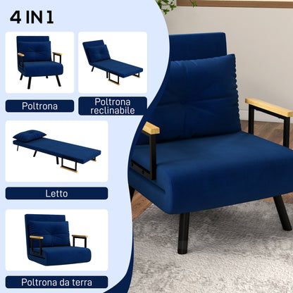 Velvet Blue, 3 in 1 Reclining Backrest Sofa Bed with Cushion, Velvet Effect Fabric, 63x73x81 cm, Blue