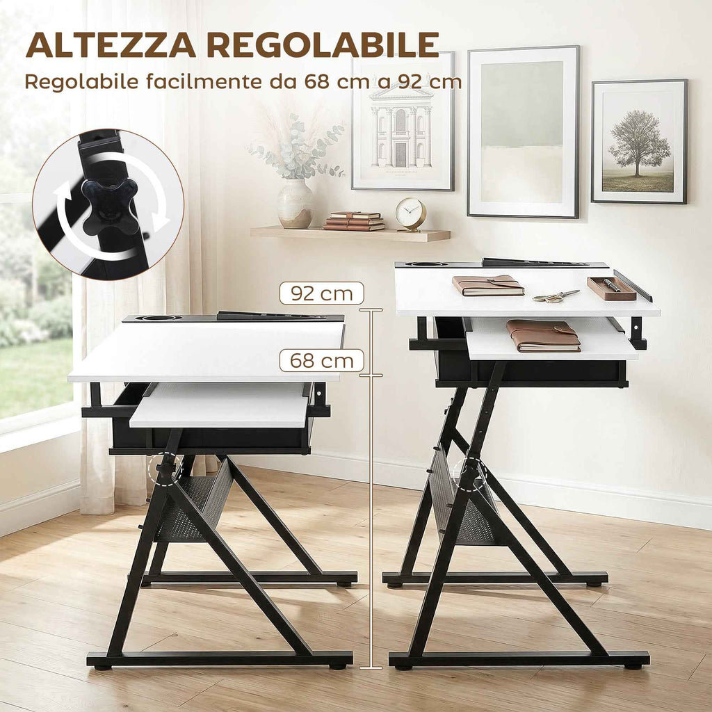Adjustable Drafting Table, Writing Desk and Stool for Drawing and Working, White