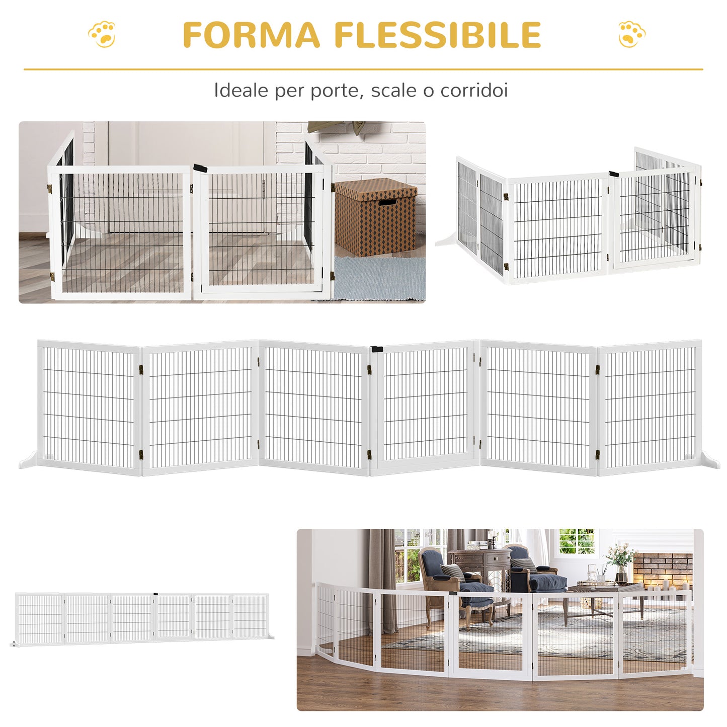 Gate for Small/Medium Size Dogs with 6 Folding Panels, in Wood and Steel, 432x36x70 cm, White