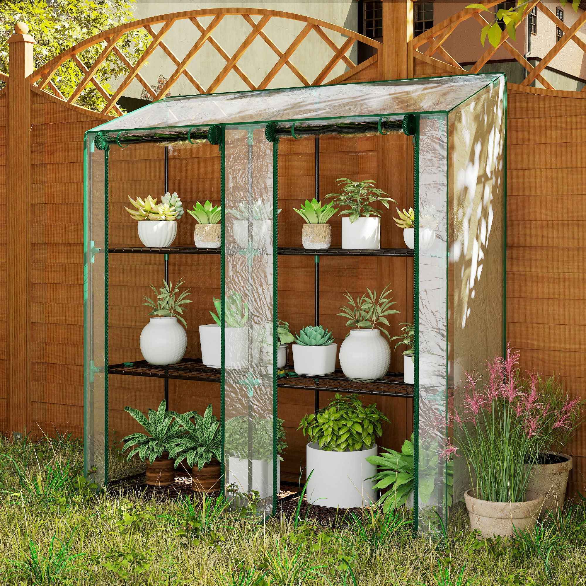 Outsunny Garden Greenhouse with PE Cover, 6 Shelves and 2 Roll-Up Doors, 143x46x151cm, Transparent