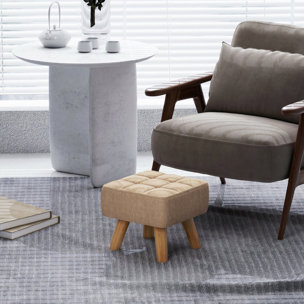 HOMCOM Linen-Effect Fabric Footstool, 27x27x26 cm, Rubber Wood Legs, Load Capacity up to 110 kg, Brown