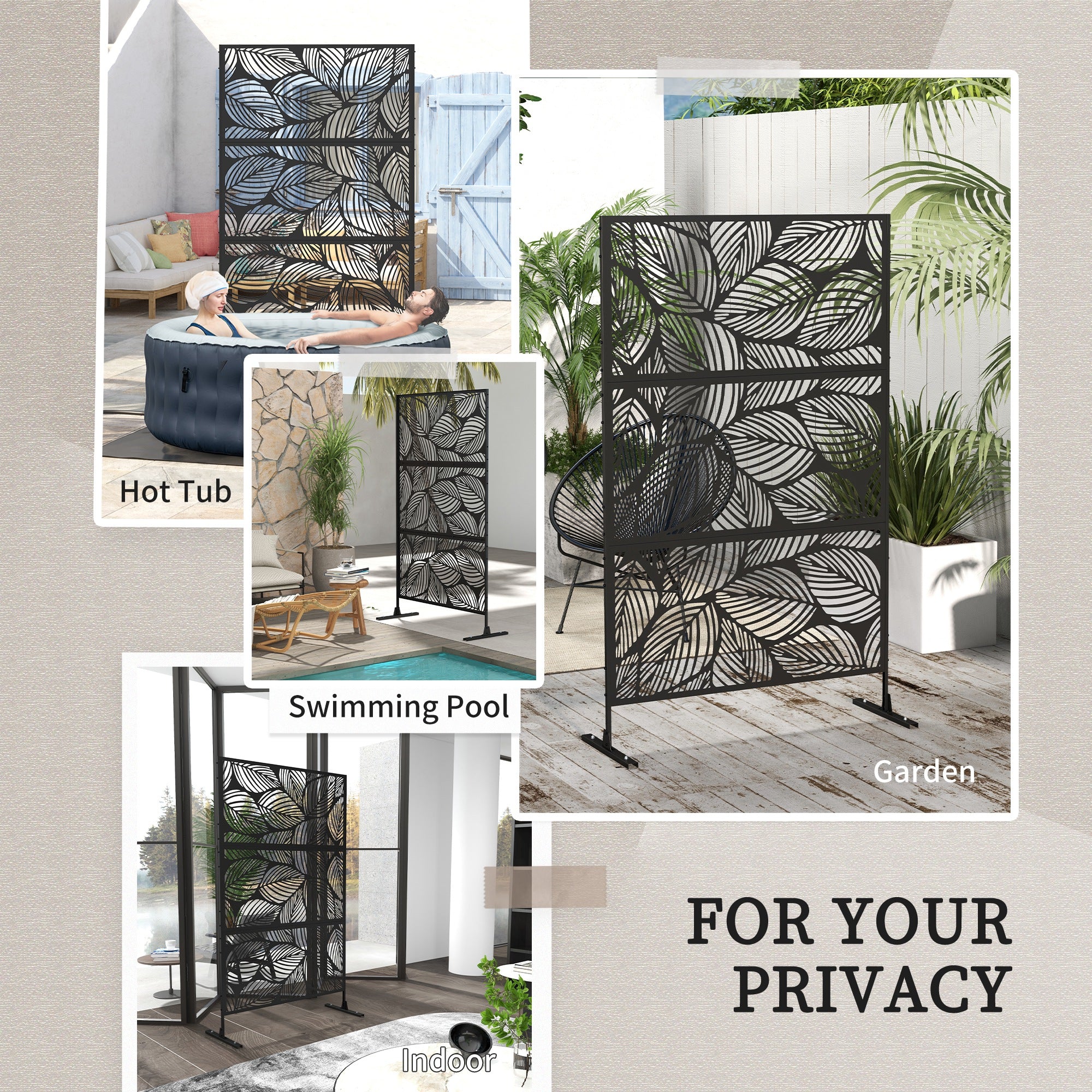 Outsunny decorative outdoor paragraph in steel with leaf design, 122x198cm, black - Borgè