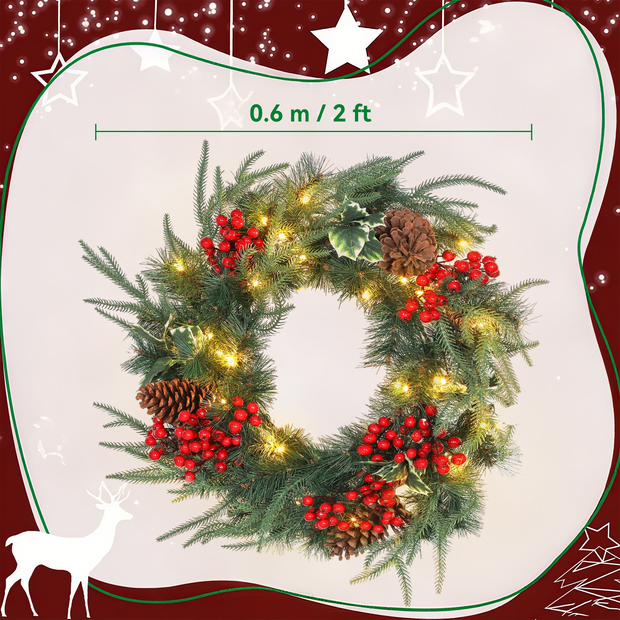 60cm Christmas Wreath with White LED Lights, Timer, Pine Cones, Berries and Holly, Green