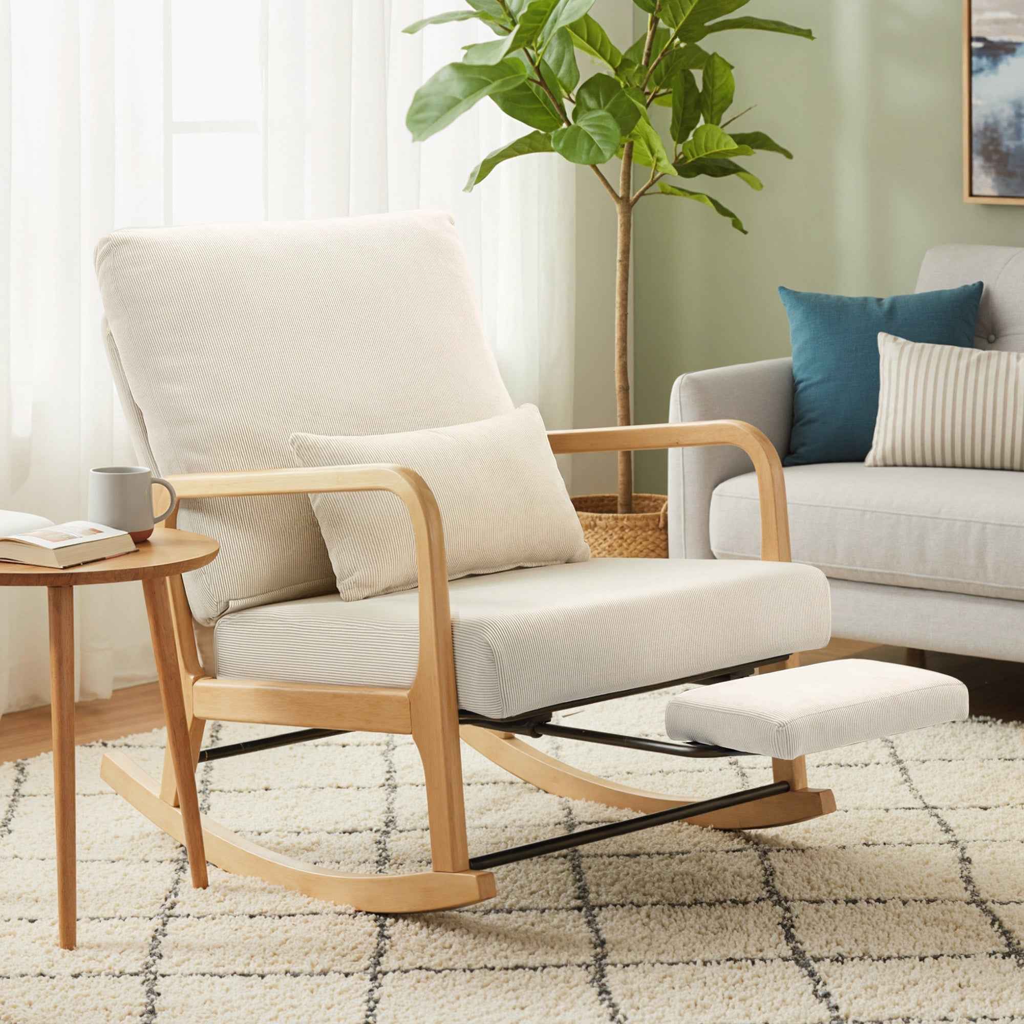 HOMCOM Corduroy Rocking Chair with Footrest, Reclining Backrest, Scandinavian Style, Cream