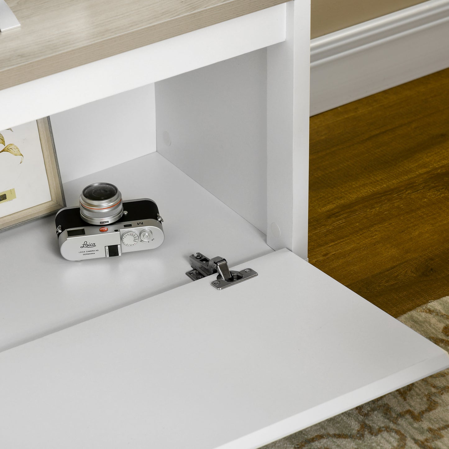 TV Stand up to 65" with Cabinets and Drop-Door in Chipboard, 140x37x45cm, White and Wood Color