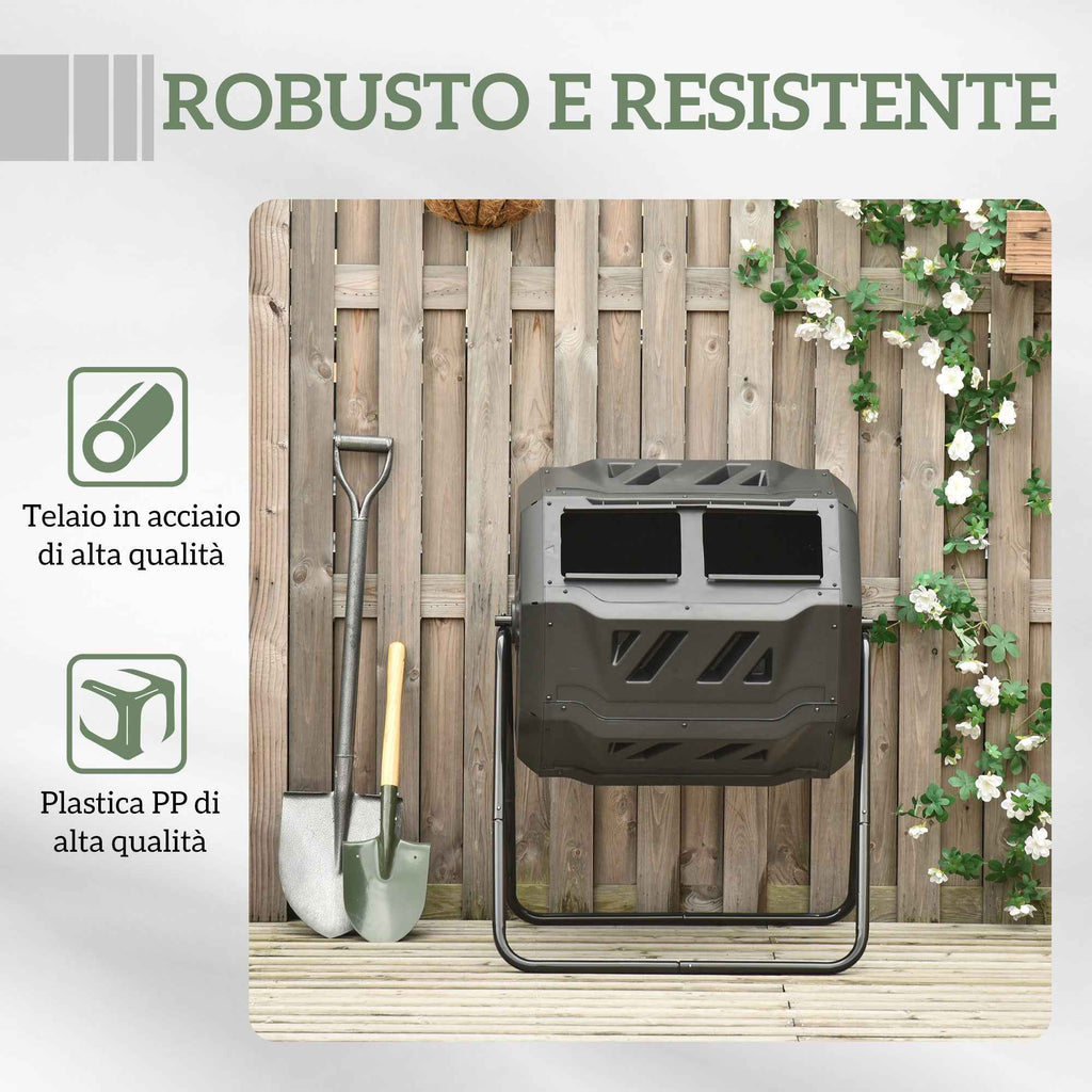 Outsunny 2-Section Rotating Garden Composter with 8 Air Vents, Steel and PP, 71x65x96 cm, Black