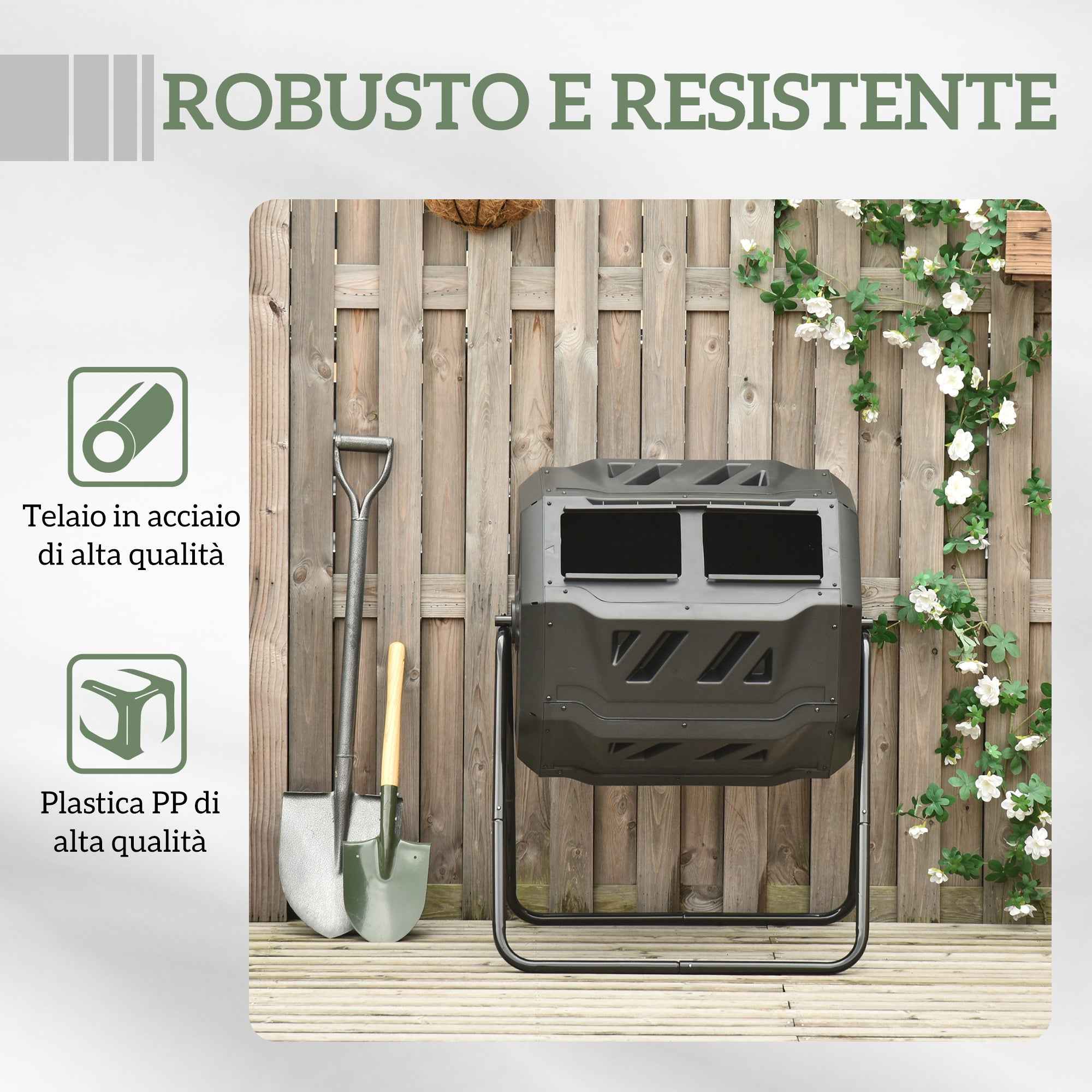 Outsunny 2-Section Rotating Garden Composter with 8 Air Vents, Steel and PP, 71x65x96 cm, Black