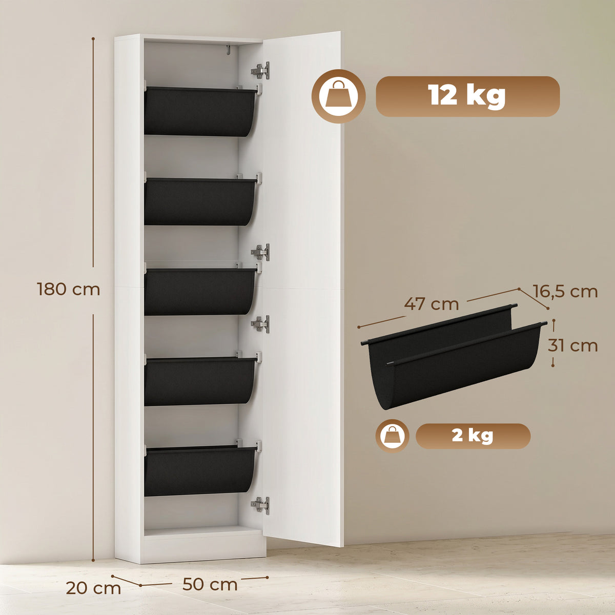 HOMCOM Mirrored Shoe Rack with 5 Non-Woven Fabric Shelves and Bottom Shelf, Wooden, 50x20x180 cm, White