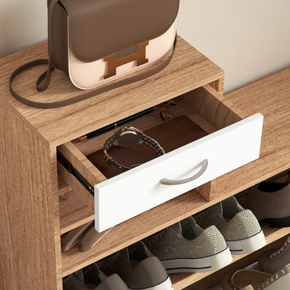 TWENTY | Coat Stand 3 in 1 with Shoe Rack and Mirror, Hooks and Drawers, in Wood, 90x24x177 cm, White and Walnut